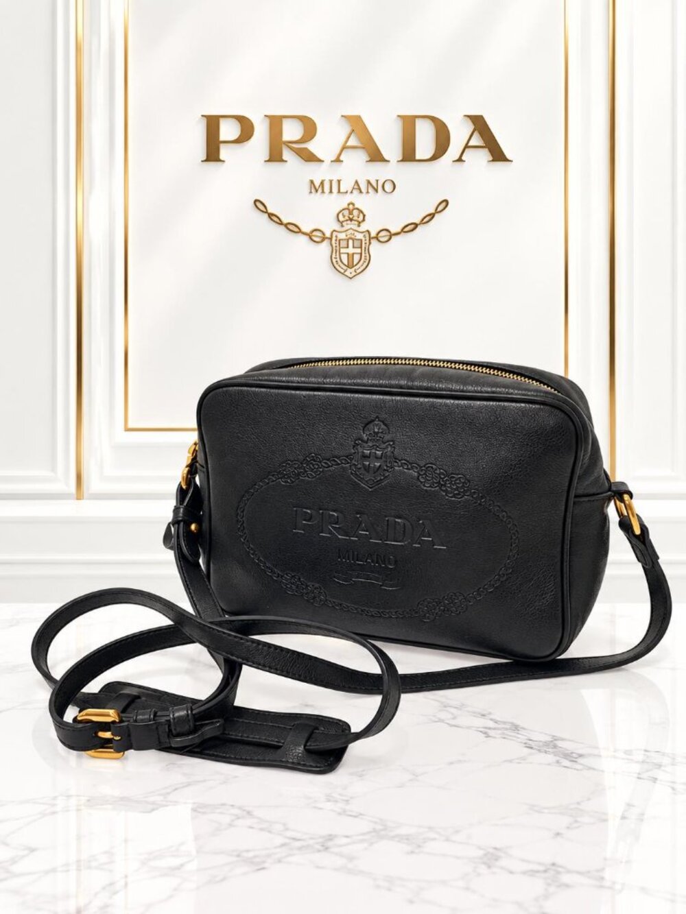 Authentic Prada Leather Logo Camera Crossbody Bag Gold Hardware Vintage Style
